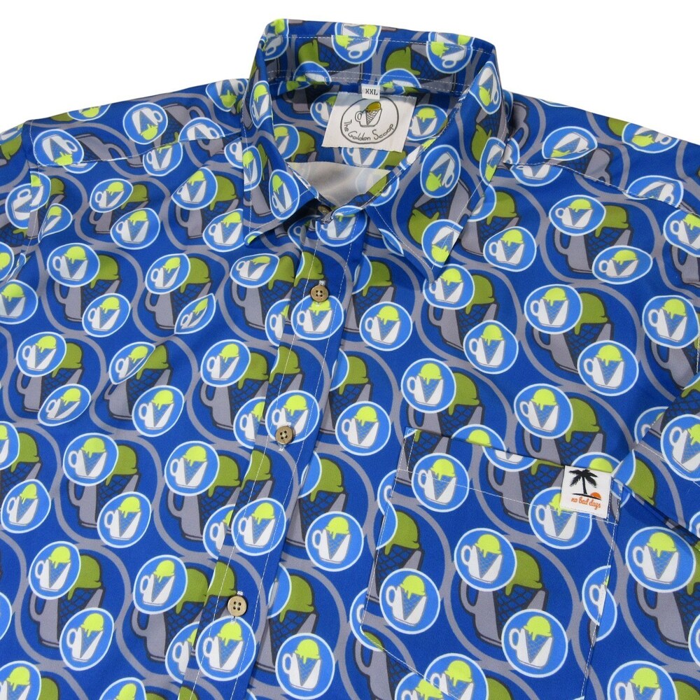 Golden Scoop Mens Camp Shirt 2XL‎ Blue Allover Ice Cream Scoop Stretch Polyester
